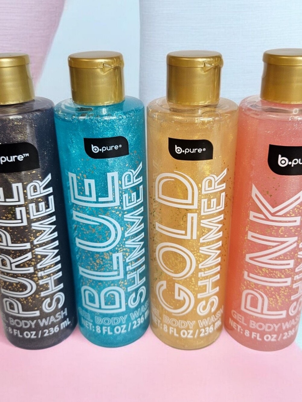 SHIMMER BODY WASH COLLECTION Blue, Purple, Gold & Pink 8 Fl. Oz/236 ml